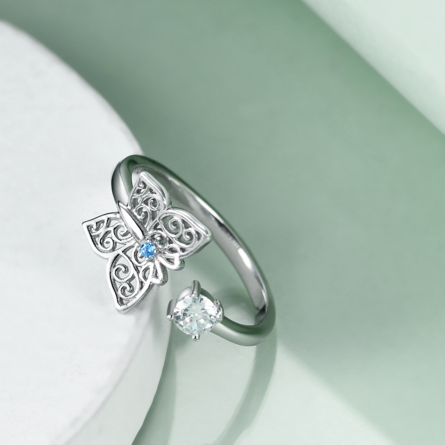 Sterling Silver Circular Shaped Zircon Butterfly Open Ring-2