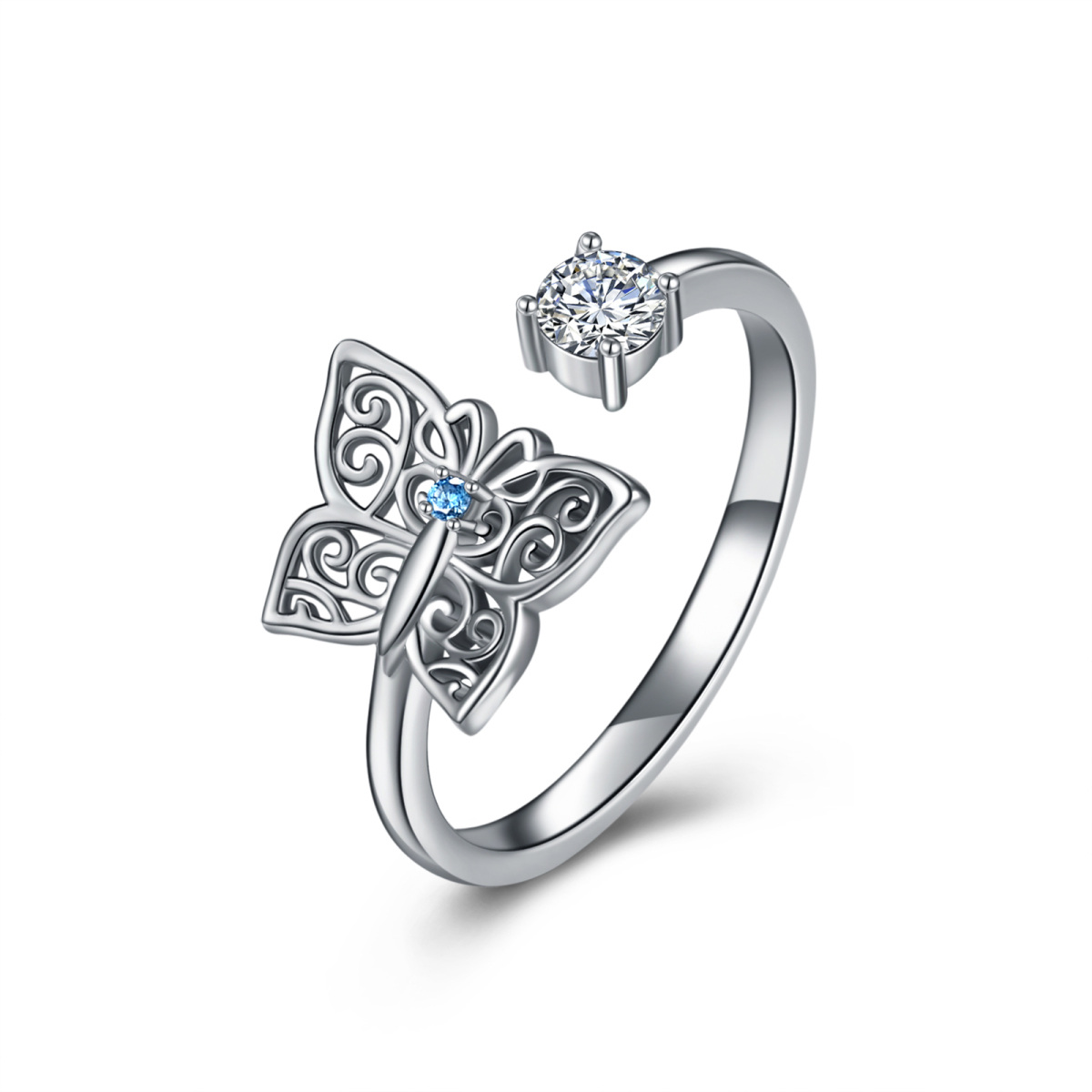 Sterling Silver Circular Shaped Zircon Butterfly Open Ring-1