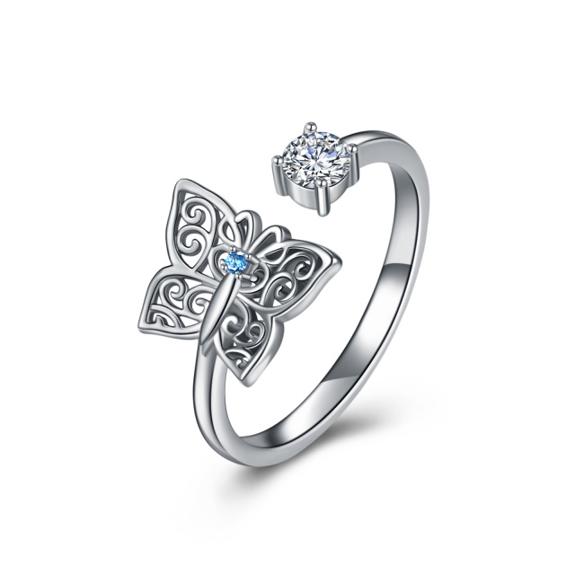 Sterling Silver Circular Shaped Zircon Butterfly Open Ring-0