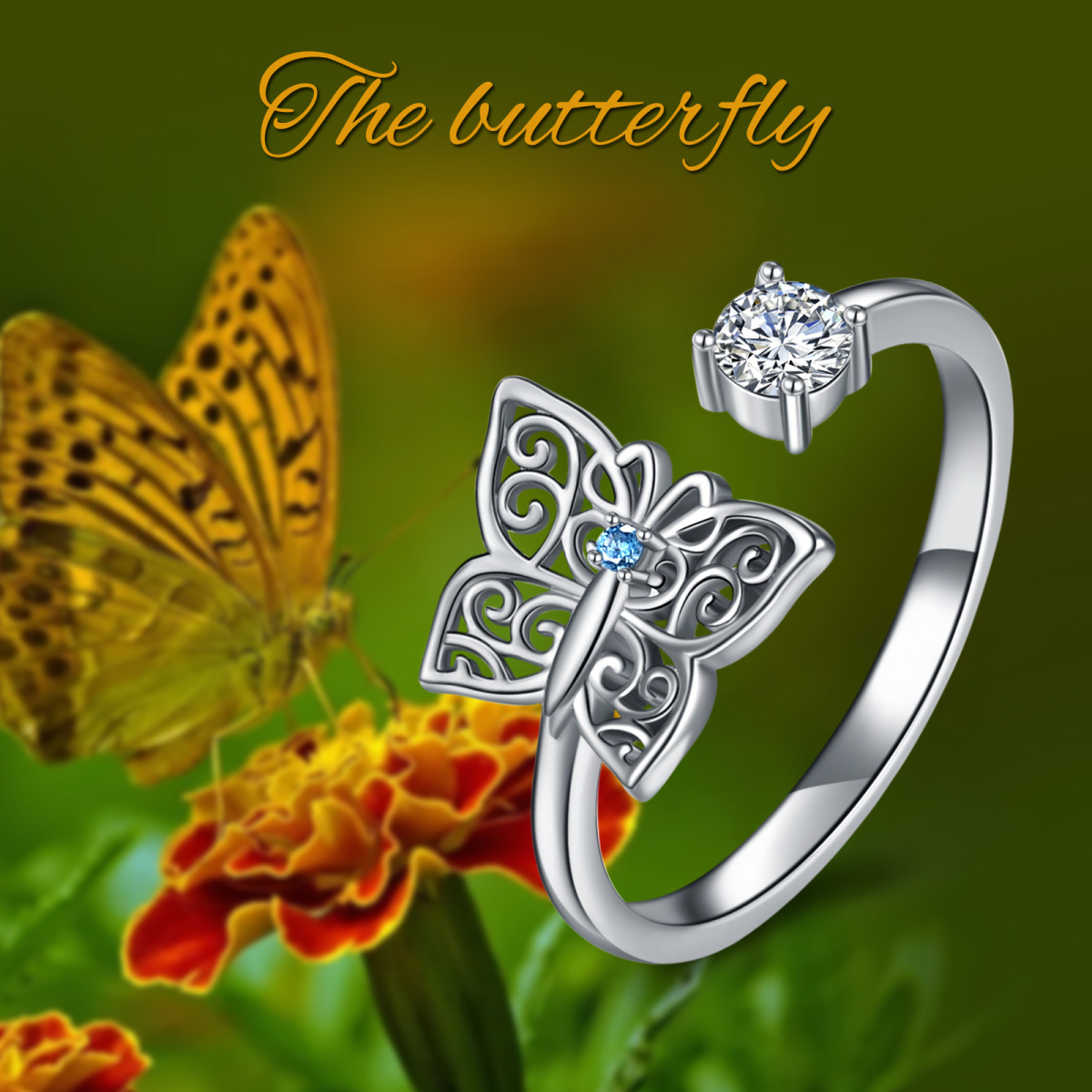 Sterling Silver Circular Shaped Zircon Butterfly Open Ring-6