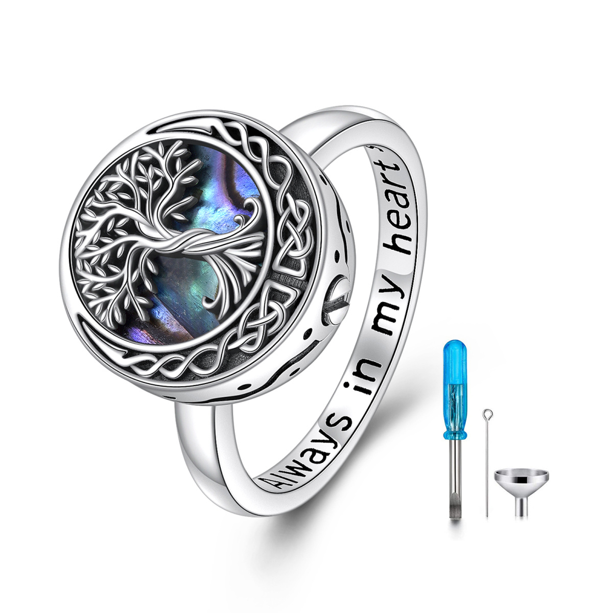 Sterling Silver Abalone Shellfish Tree Of Life & Celtic Knot & Moon Urn Ring with Engraved Word-1