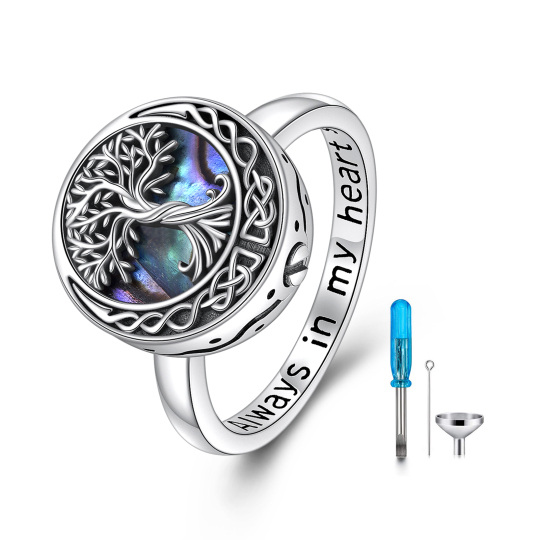Sterling Silver Abalone Shellfish Tree Of Life & Celtic Knot & Moon Urn Ring with Engraved Word
