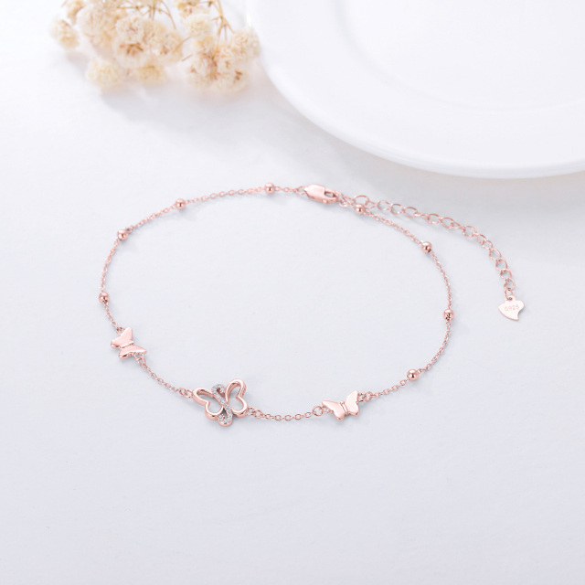 Sterling Silver with Rose Gold Plated Circular Shaped Cubic Zirconia Butterfly Single Layer Anklet-3