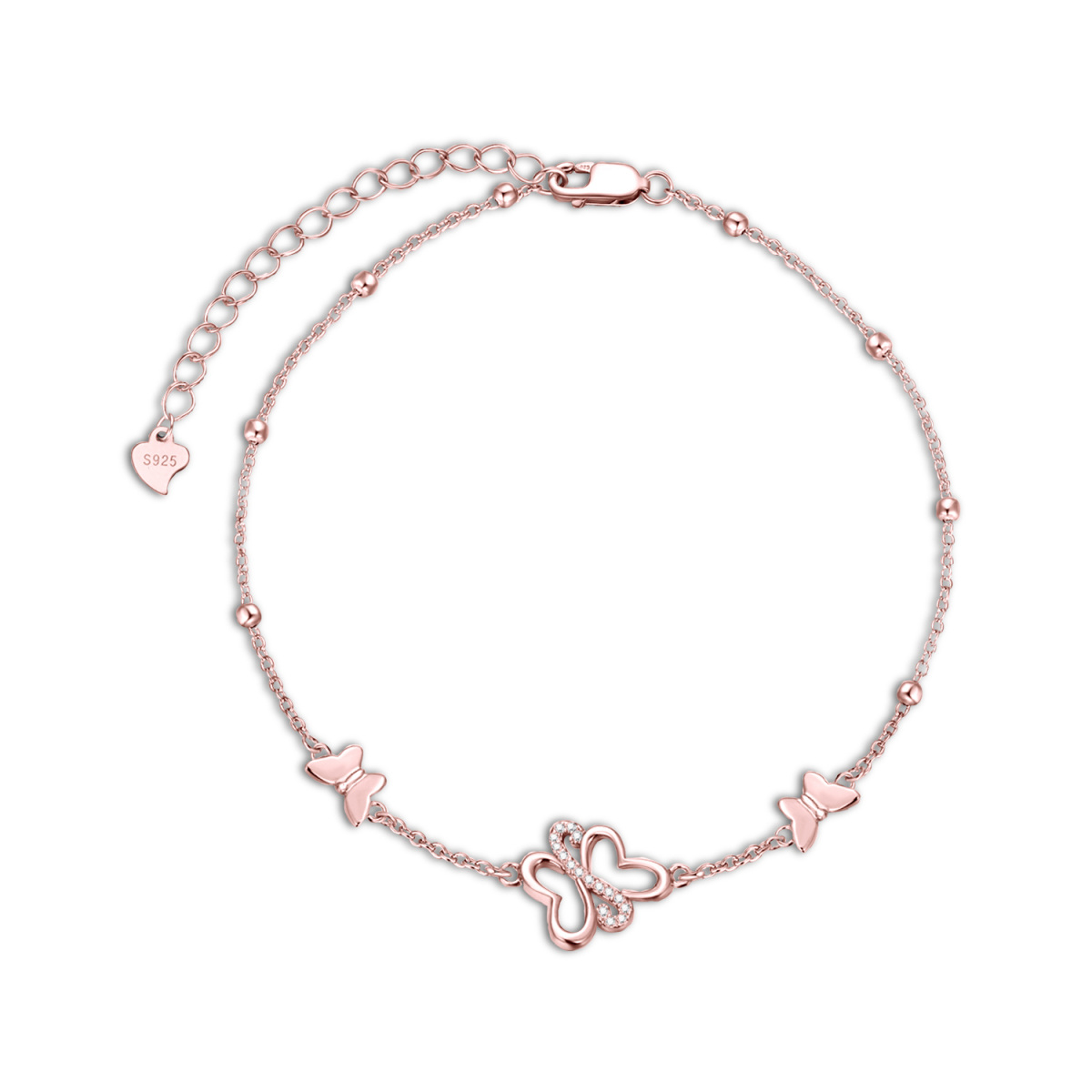 Sterling Silver with Rose Gold Plated Circular Shaped Cubic Zirconia Butterfly Single Layer Anklet-1