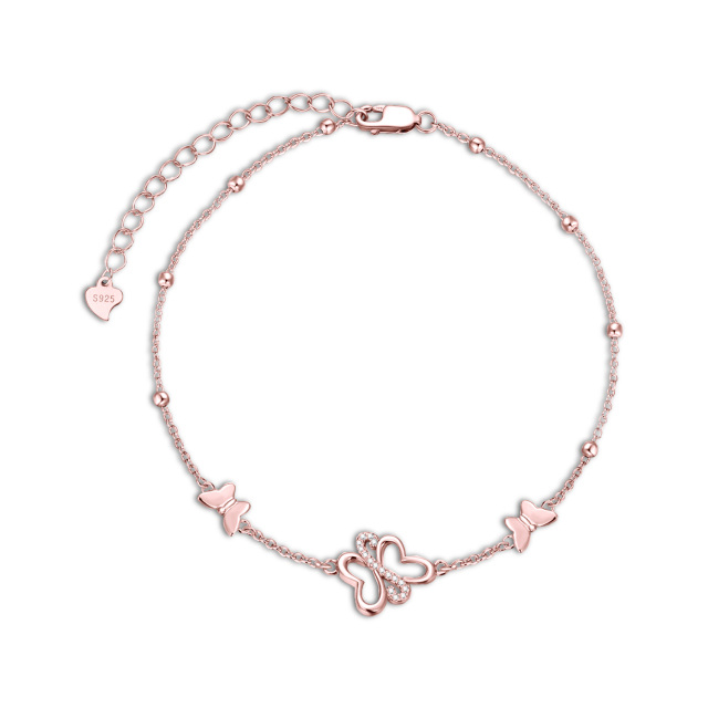 Sterling Silver with Rose Gold Plated Circular Shaped Cubic Zirconia Butterfly Single Layer Anklet-1