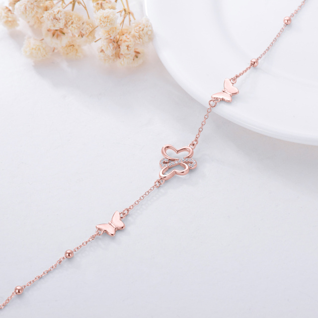 Sterling Silver with Rose Gold Plated Circular Shaped Cubic Zirconia Butterfly Single Layer Anklet-4