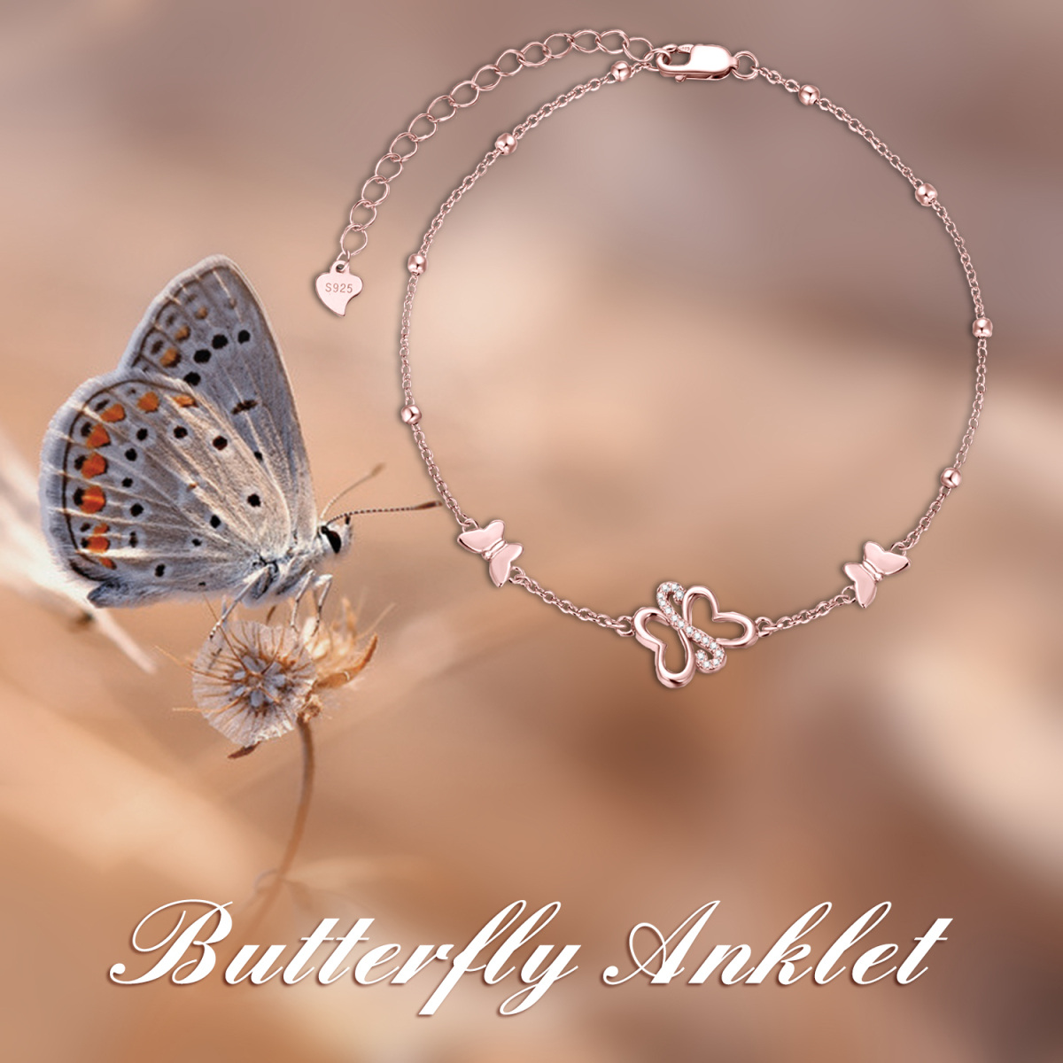 Sterling Silver with Rose Gold Plated Circular Shaped Cubic Zirconia Butterfly Single Layer Anklet-6