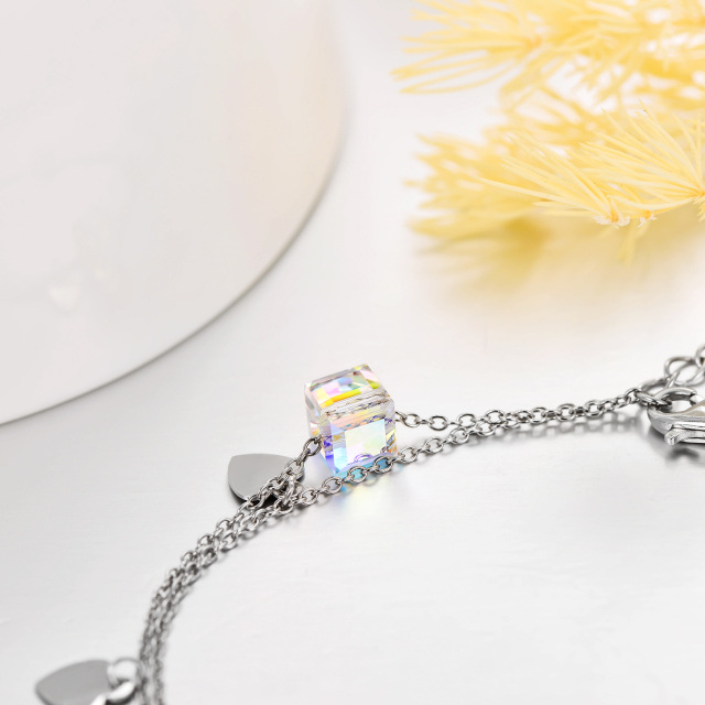 Sterling Silver Crystal Heart & Square Multi-layered Anklet-3