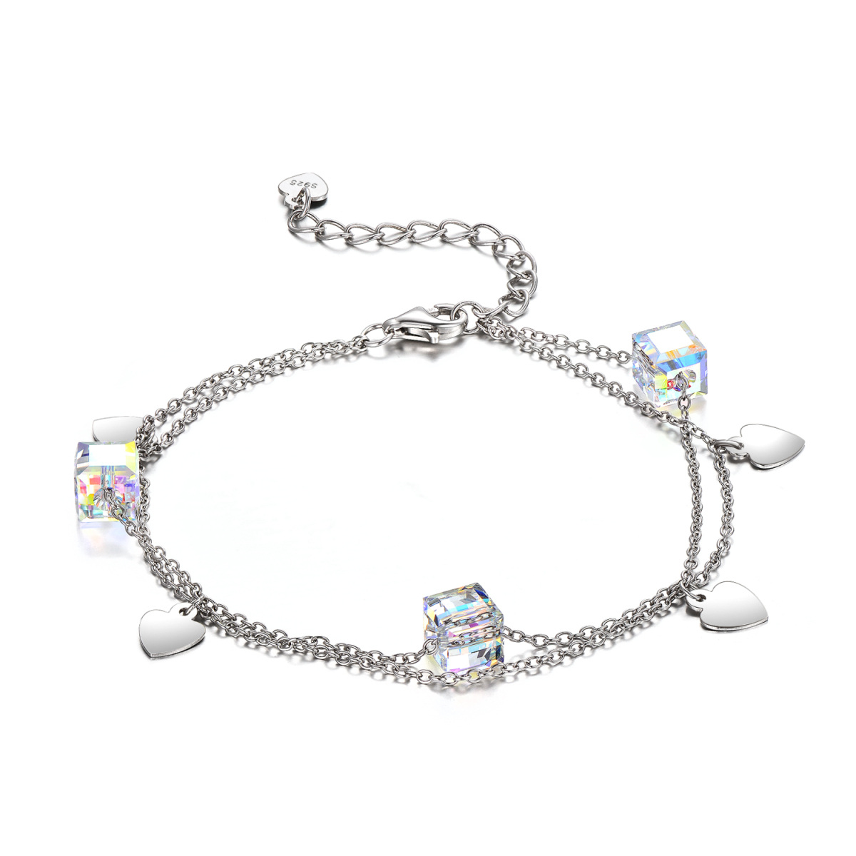 Sterling Silver Crystal Heart & Square Multi-layered Anklet-1
