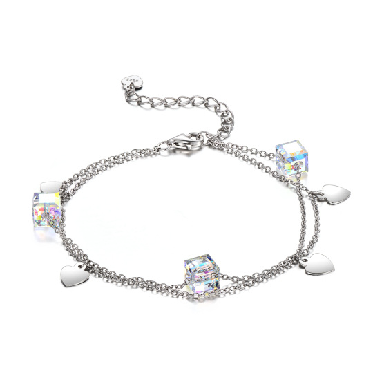 Bracelet de cheville en argent sterling avec cœur et carré en cristal multicouches