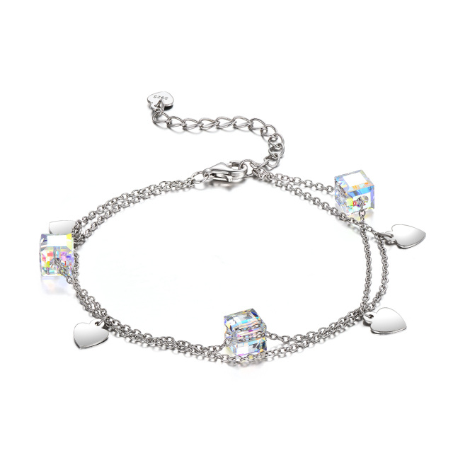 Bracelet de cheville en argent sterling avec cœur et carré en cristal multicouches-0