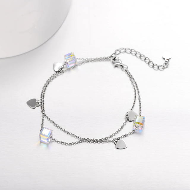 Sterling Silver Crystal Heart & Square Multi-layered Anklet-2