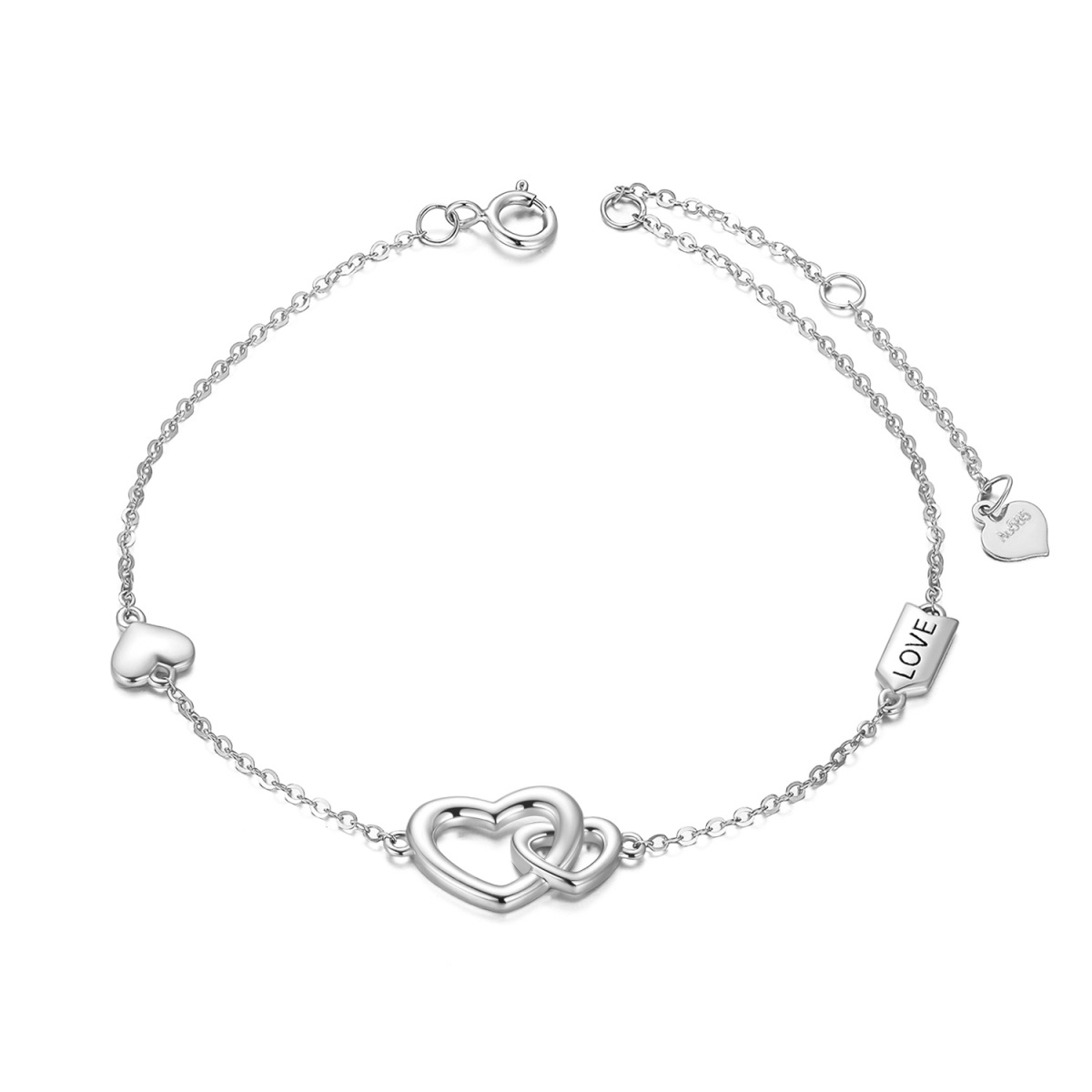 14K White Gold Heart With Heart Pendant Bracelet with Engraved Word-1