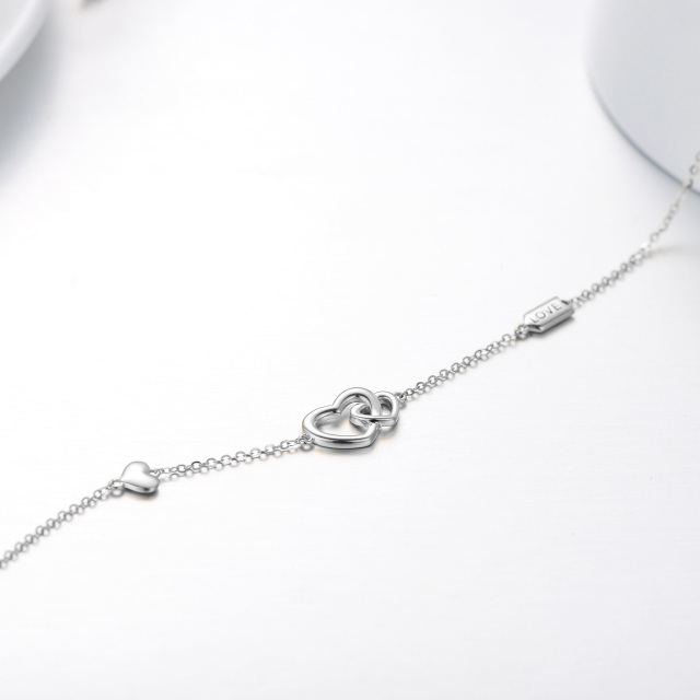 14K White Gold Heart With Heart Pendant Bracelet with Engraved Word-3