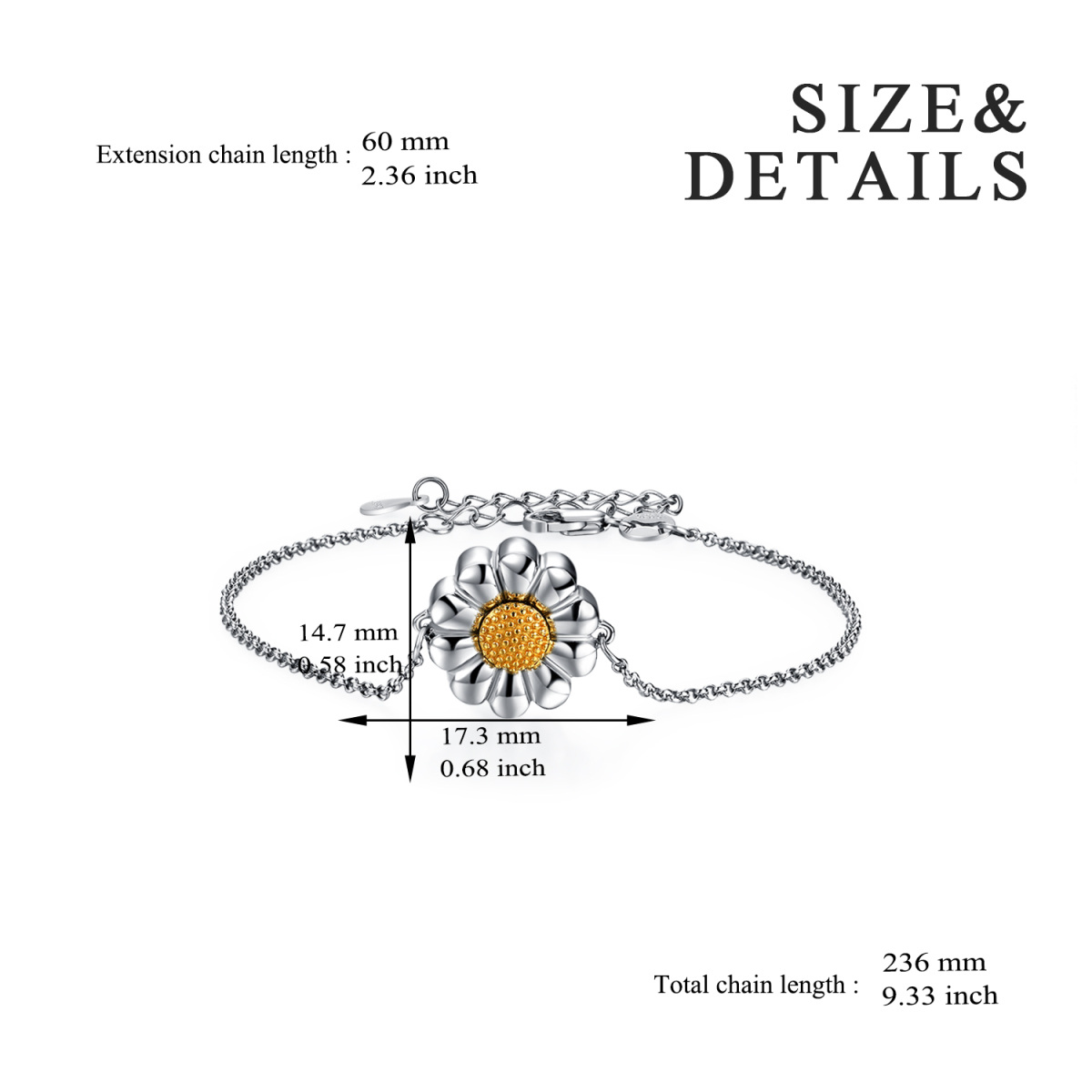 Pulsera de plata de ley bicolor girasol margarita para cenizas-5