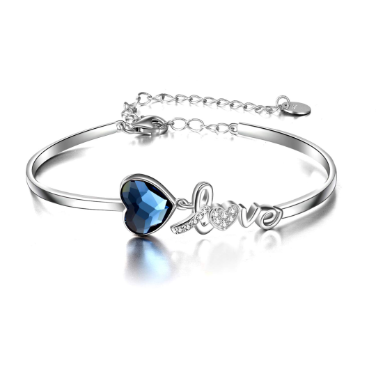 Sterling Silver Crystal Heart Pendant Bangle with Engraved Word