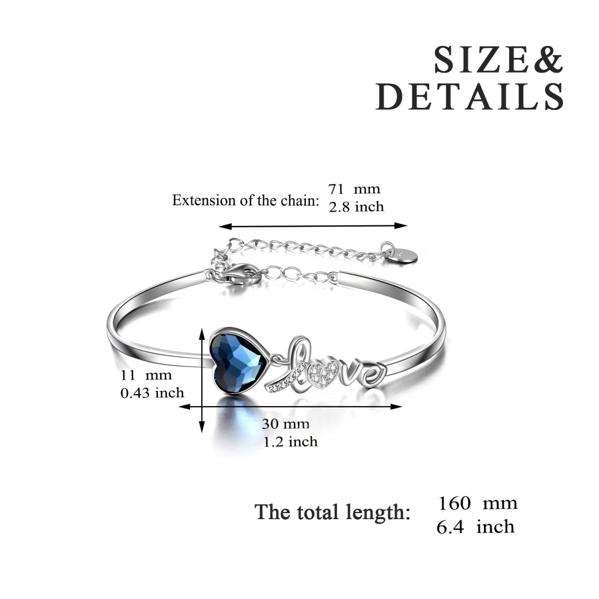 Sterling Silver Crystal Heart Pendant Bangle with Engraved Word-4