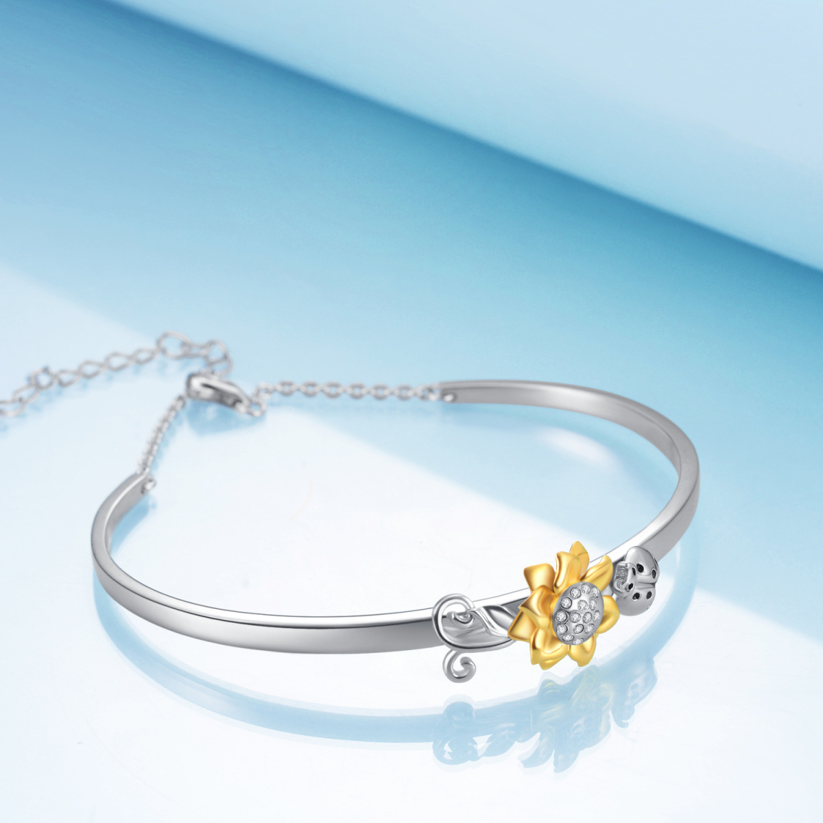 Sterling Silver Two-tone Circular Shaped Cubic Zirconia Ladybug & Sunflower Pendant Bangle-3