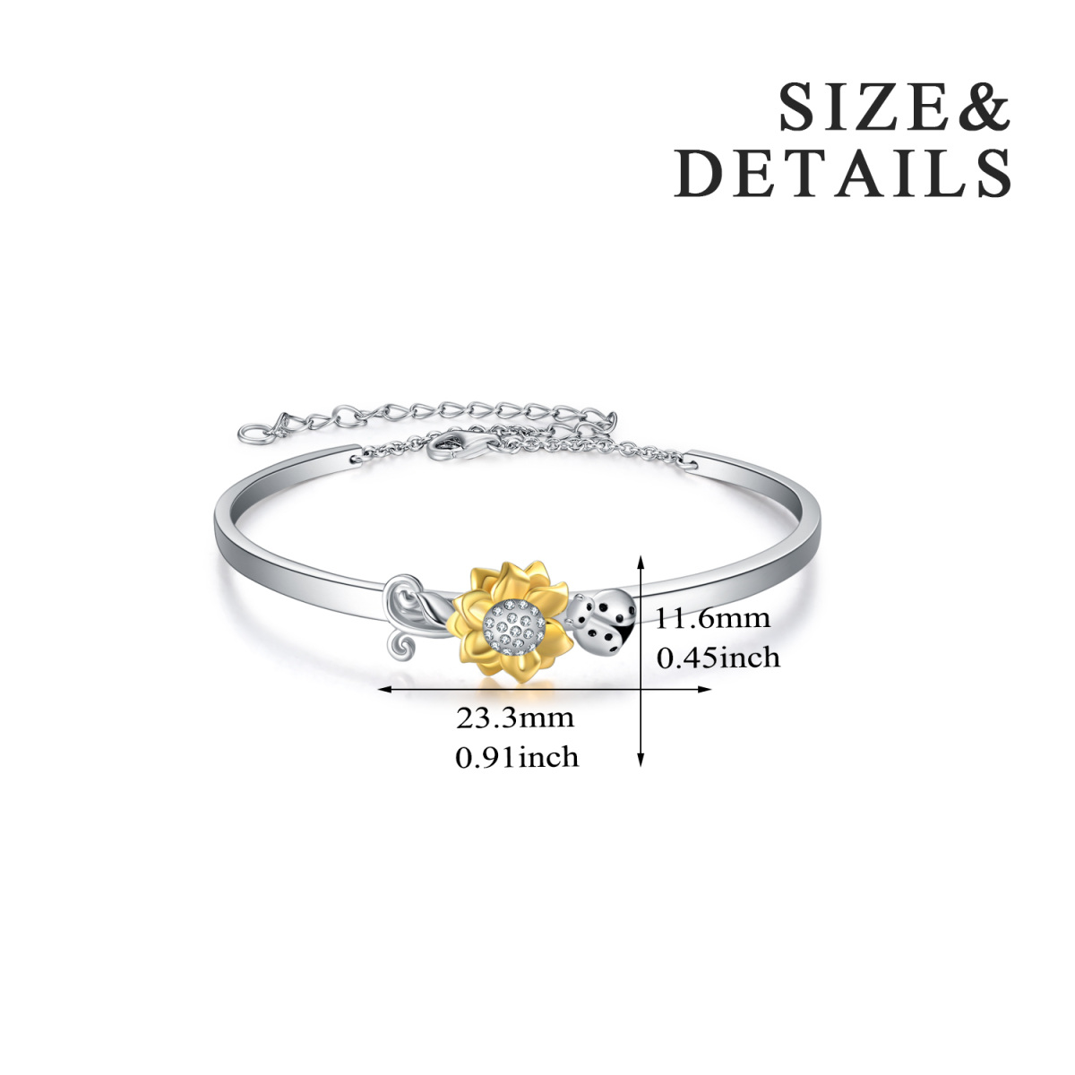 Sterling Silver Two-tone Circular Shaped Cubic Zirconia Ladybug & Sunflower Pendant Bangle-5