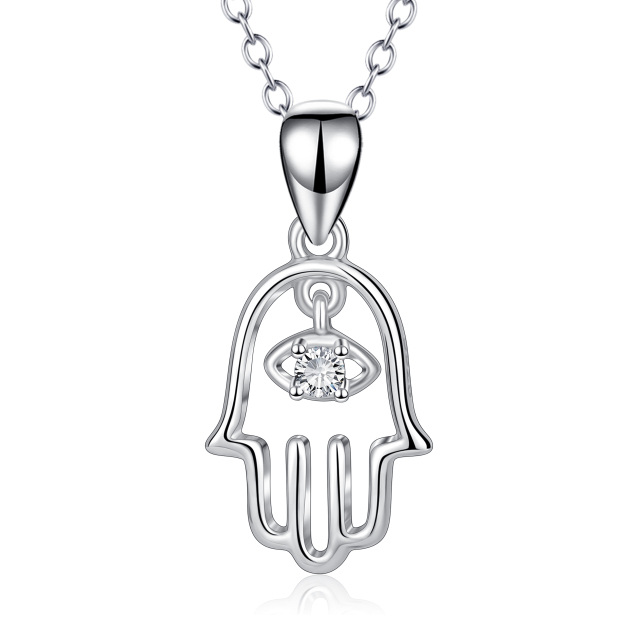 Sterling Silver Round Cubic Zirconia Hamsa Hand Pendant Necklace-2