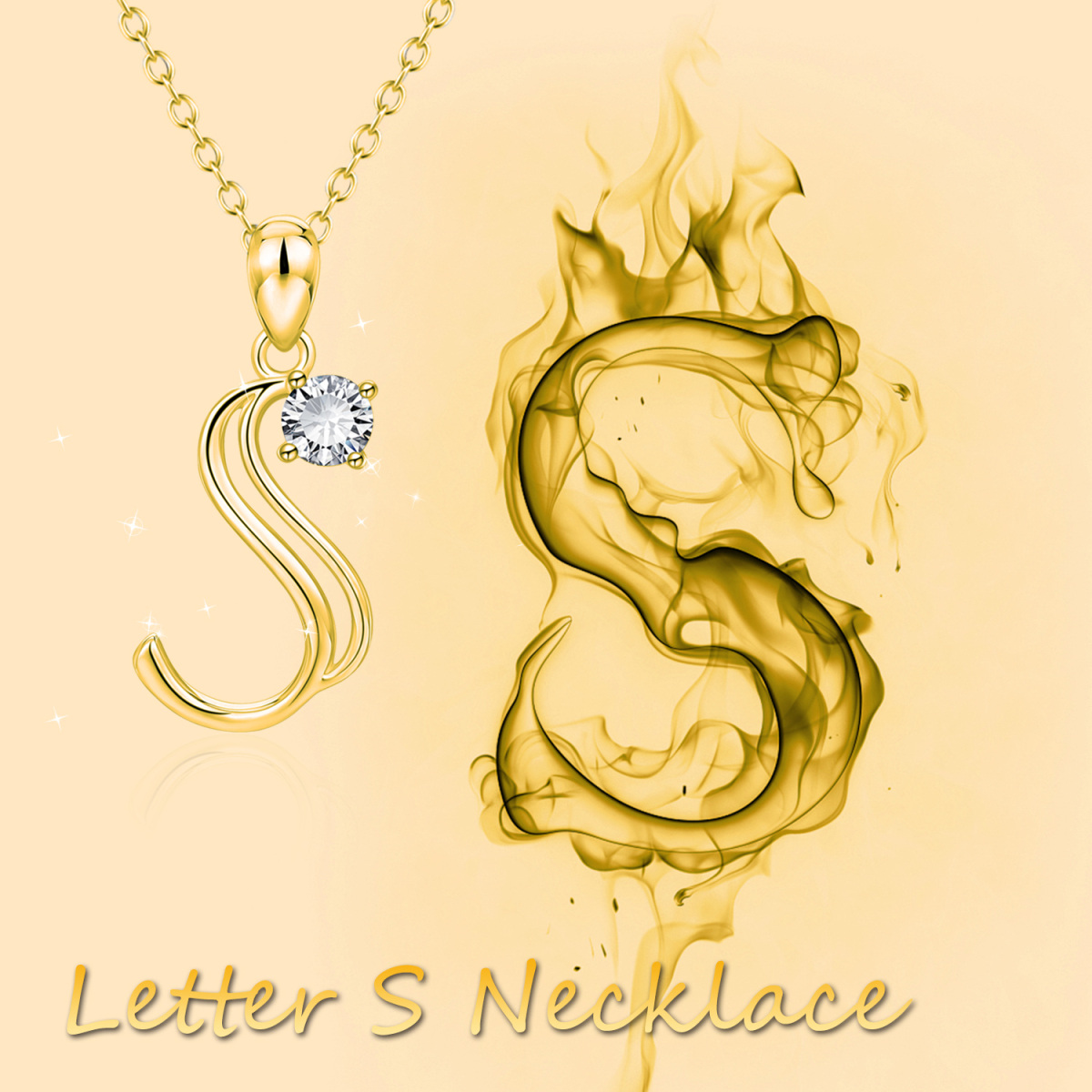 Sterling Silver with Yellow Gold Plated Circular Shaped Cubic Zirconia Personalized Initial Letter Pendant Necklace with Initial Letter S-5