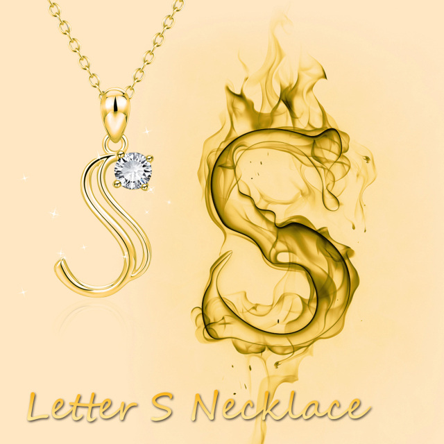Sterling Silver with Yellow Gold Plated Circular Shaped Cubic Zirconia Personalized Initial Letter Pendant Necklace with Initial Letter S-4