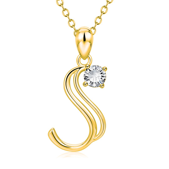 Sterling Silver with Yellow Gold Plated Circular Shaped Cubic Zirconia Personalized Initial Letter Pendant Necklace with Initial Letter S