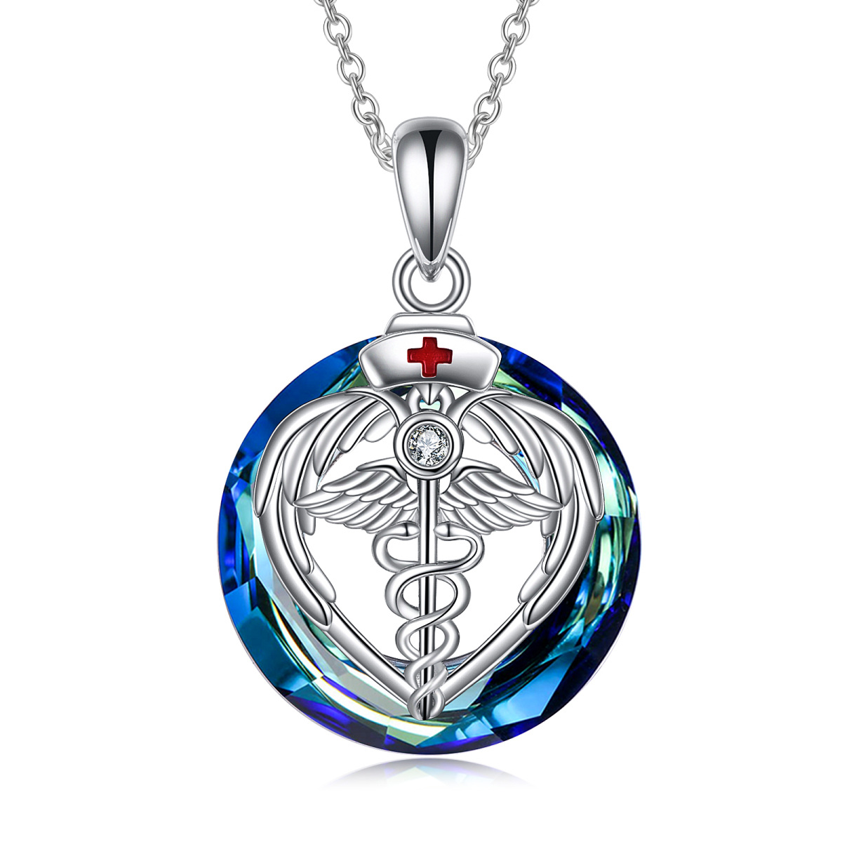 Sterling Silver Round Caduceus Crystal Pendant Necklace-1