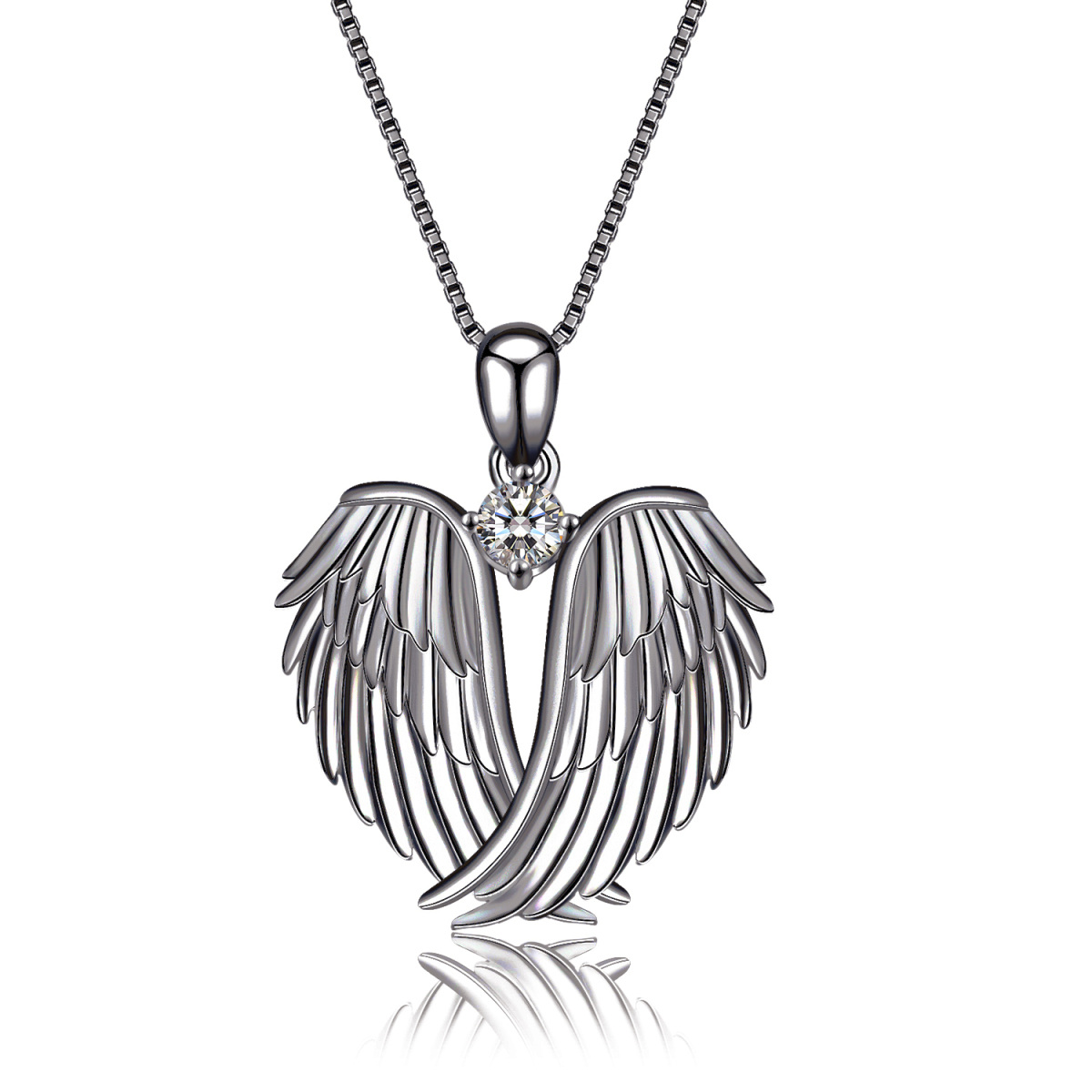 Sterling Silver Cubic Zirconia Angel Wings Pendant Necklace-1
