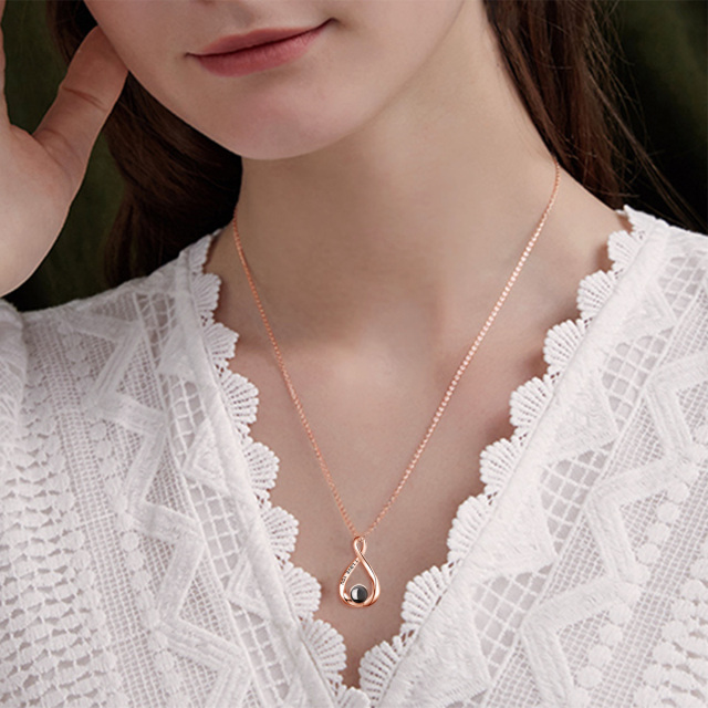 Sterling Silver with Rose Gold Plated Projection Stone Infinite Symbol Pendant Necklace with Engraved Word-1