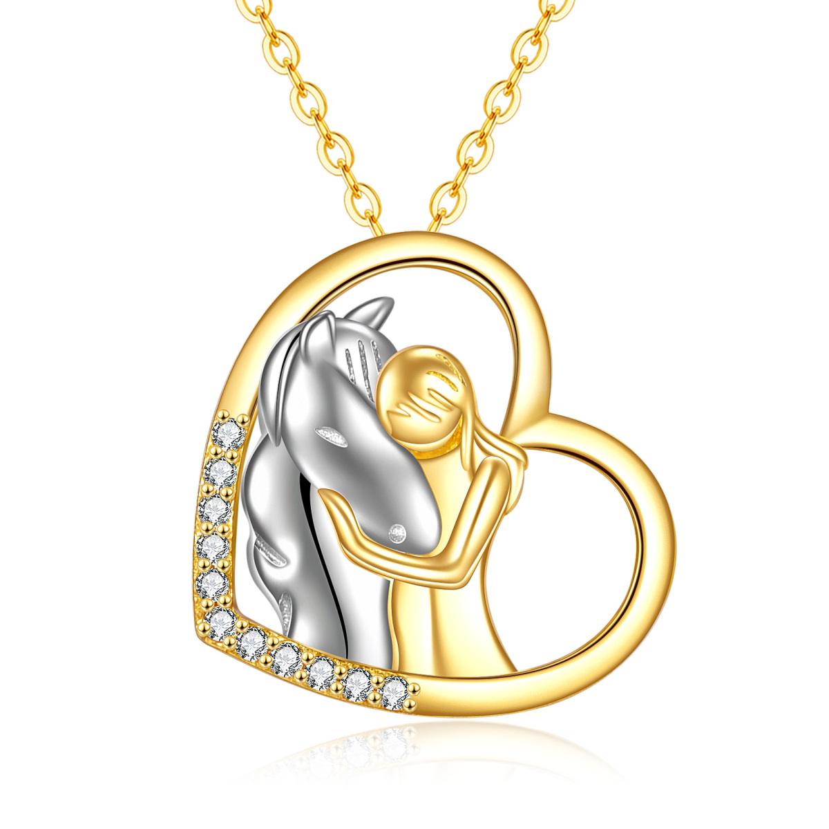 14K White Gold & Yellow Gold Circular Shaped Cubic Zirconia Horse & Heart Pendant Necklace-1