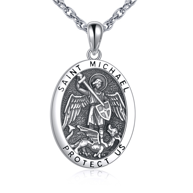 Sterling Silver Saint Michael Protect Us Pendant Necklace for Men-0