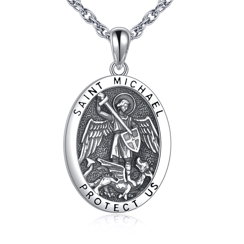 Sterling Silver Saint Michael Protect Us Pendant Necklace for Men