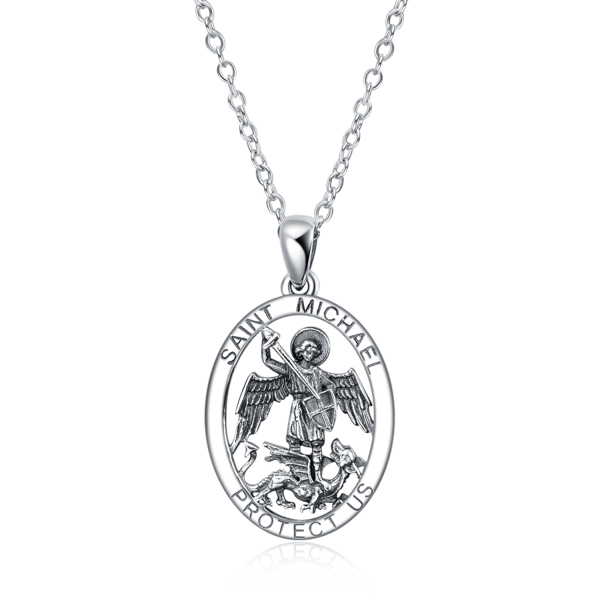 Sterling Silver Saint Michael Pendant Necklace with Engraved Word for Men-1