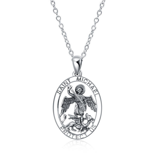 Sterling Silver Saint Michael Pendant Necklace with Engraved Word for Men-0