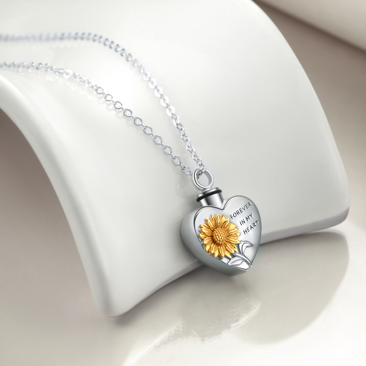 Sterling Silver Two-tone Sunflower & Heart Urn Necklace for Ashes with Engraved Word-3