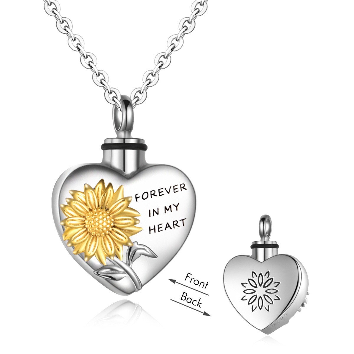 Sterling Silver Two-tone Sunflower & Heart Urn Necklace for Ashes with Engraved Word-1