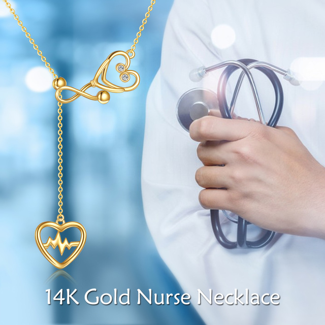 14K Gold Cubic Zirkonia Herz & Stethoskop Anhänger Halskette-4