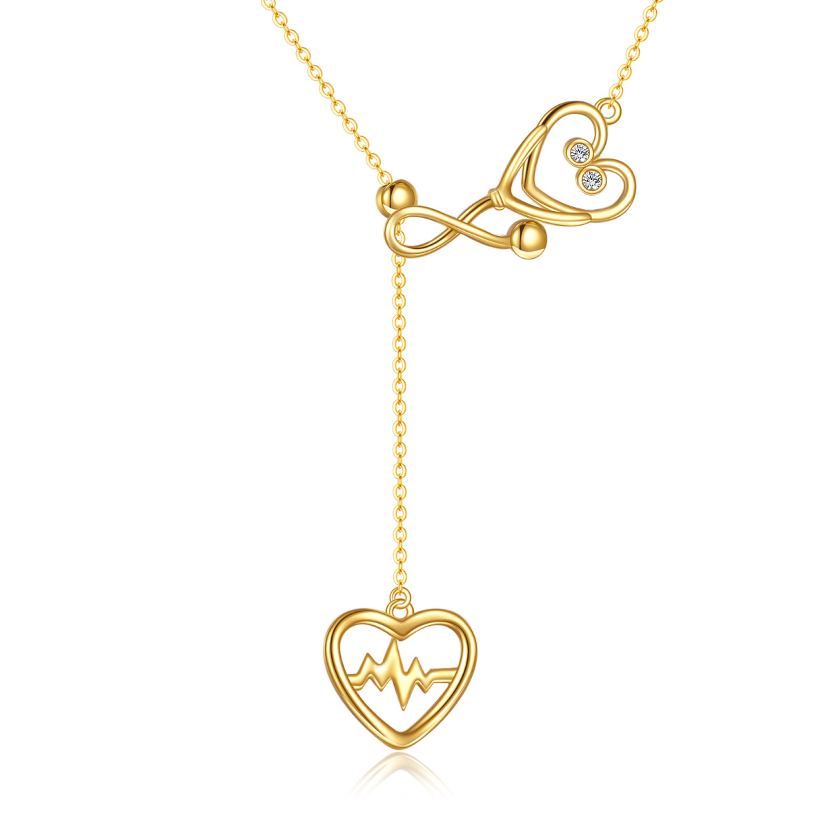 14K Gold Cubic Zirconia Heart & Stethoscope Pendant Necklace-1