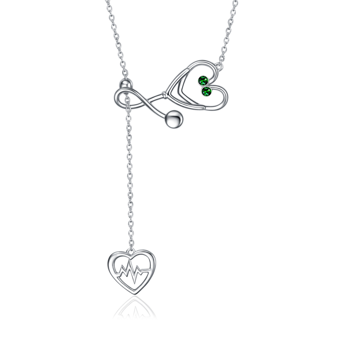 Sterling Silver Circular Shaped Cubic Zirconia Electrocardiogram & Heart & Stethoscope Adjustable Y Necklace-1