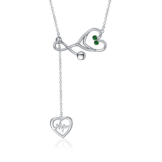 Sterling Silver Circular Shaped Cubic Zirconia Electrocardiogram & Heart & Stethoscope Adjustable Y Necklace