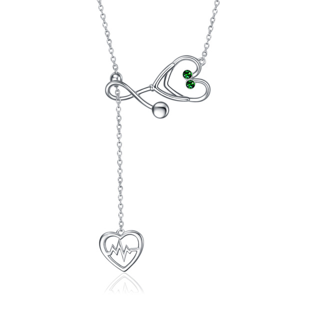 Sterling Silver Circular Shaped Cubic Zirconia Electrocardiogram & Heart & Stethoscope Adjustable Y Necklace-0