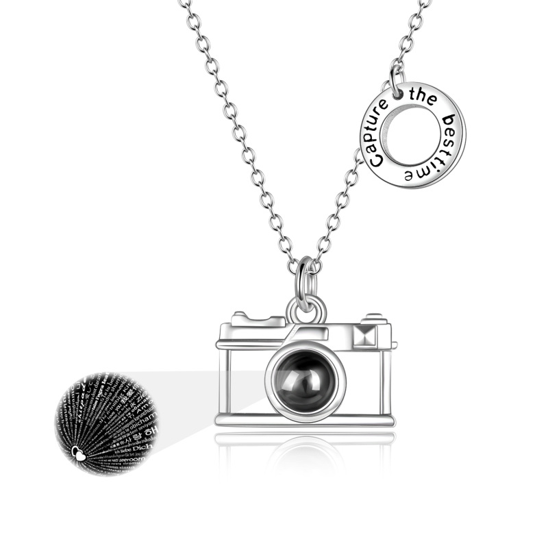 Sterling Silver Circular Shaped Projection Stone Camera Pendant Necklace with Engraved Word