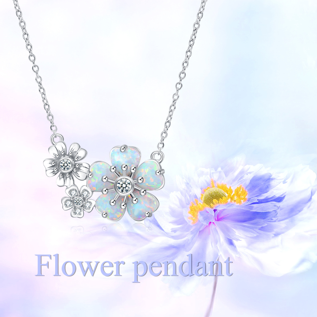 Sterling Silver Circular Shaped Cubic Zirconia & Opal Sunflower Pendant Necklace-6