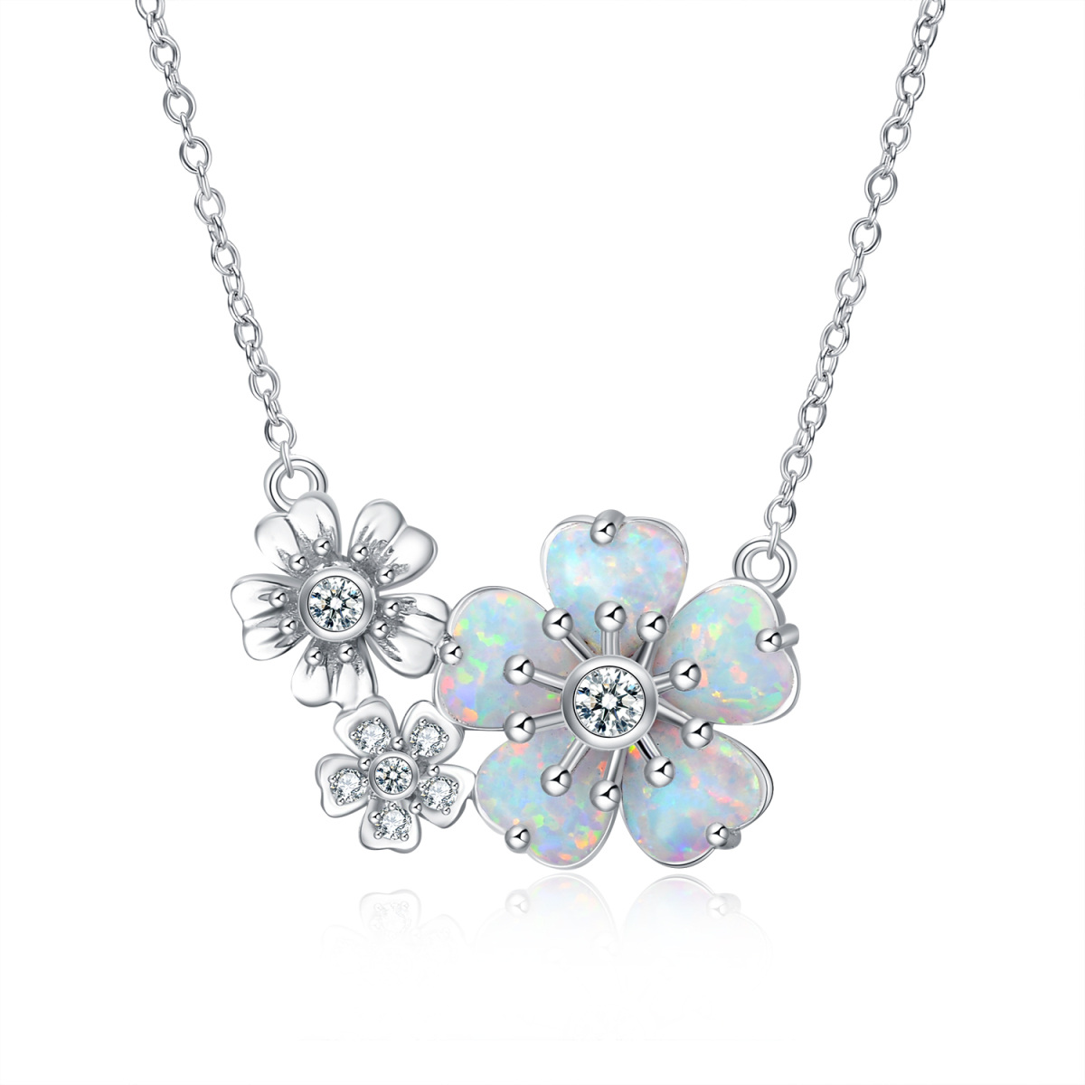 Sterling Silver Circular Shaped Cubic Zirconia & Opal Sunflower Pendant Necklace-1