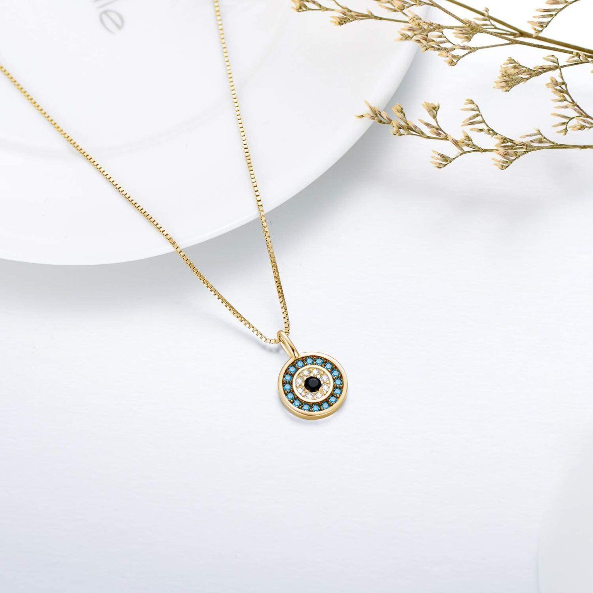 Plata de ley de dos tonos Circular en forma de circonio cúbico Evil Eye Collar Colgante-4