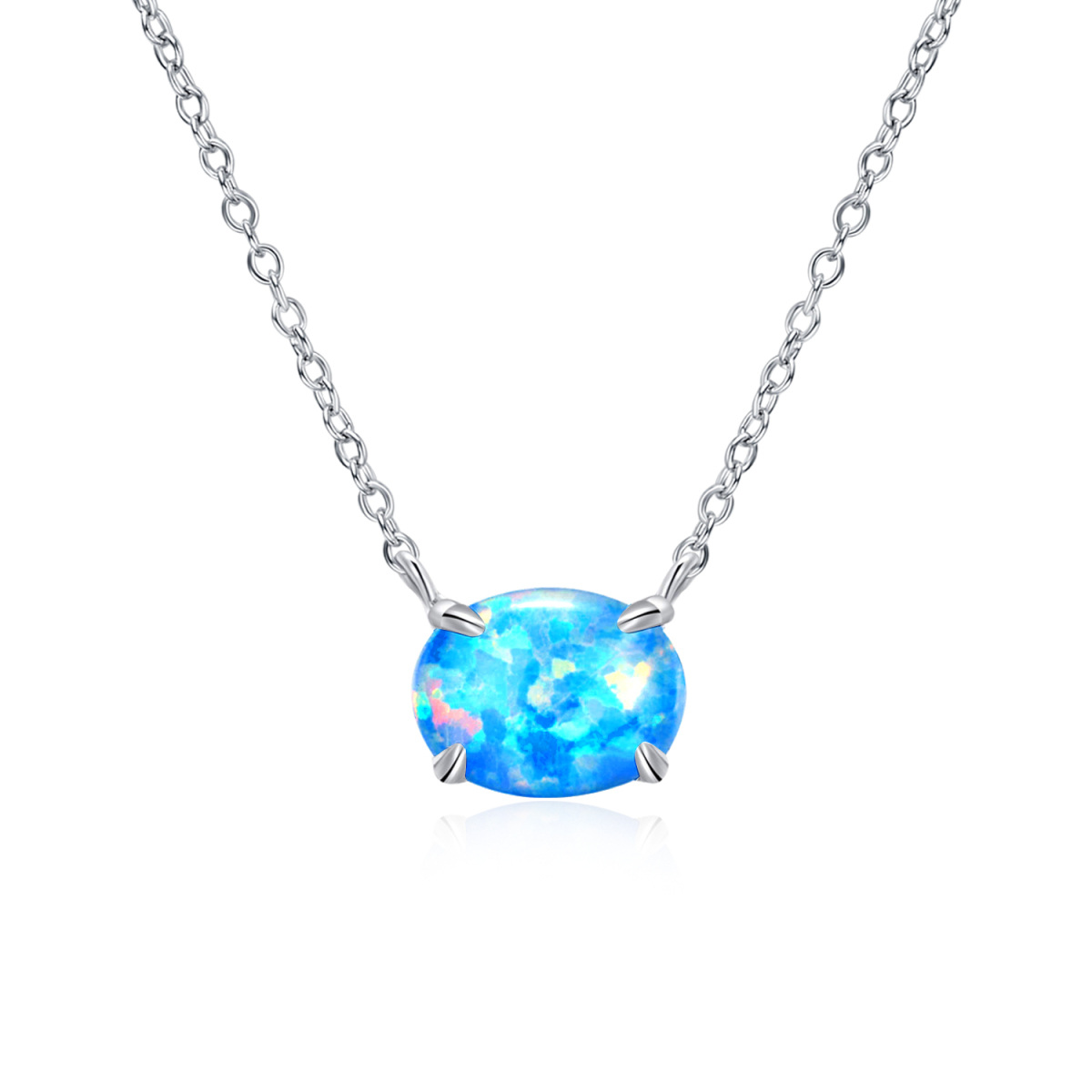 Sterling Silver Opal Oval Shaped Pendant Necklace-1