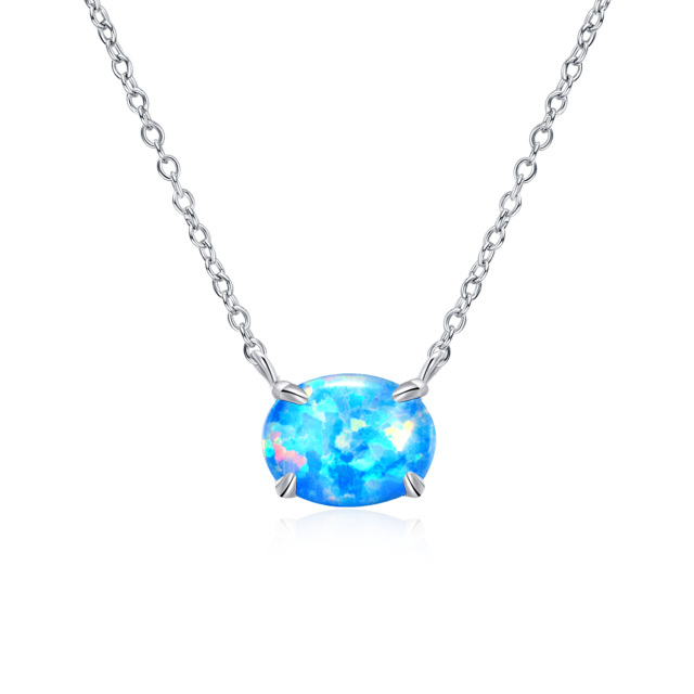 Sterling Silver Opal Oval Shaped Pendant Necklace-0