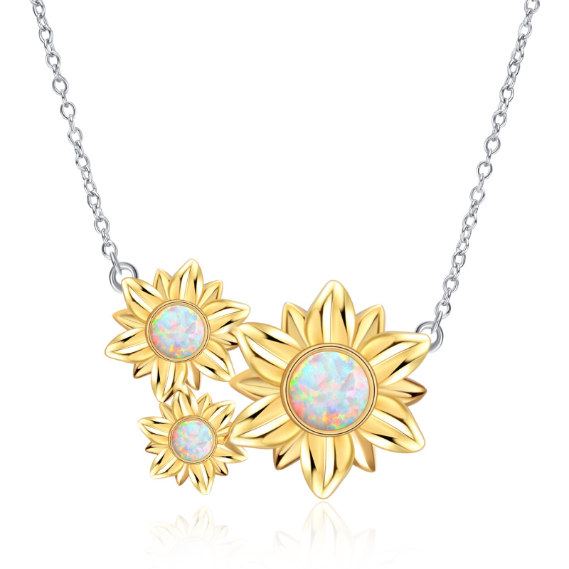 Sterling Silver Two-tone Circular Shaped Opal Sunflower Pendant Necklace