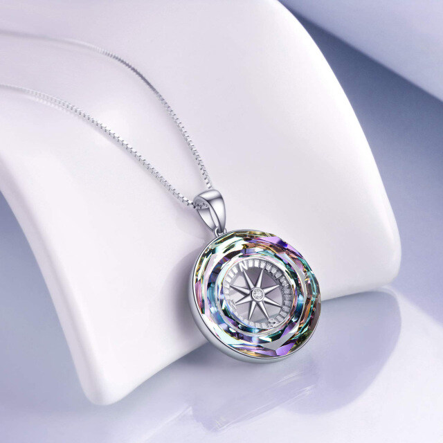 Sterling Silver Circular Shaped Compass Crystal Pendant Necklace-3